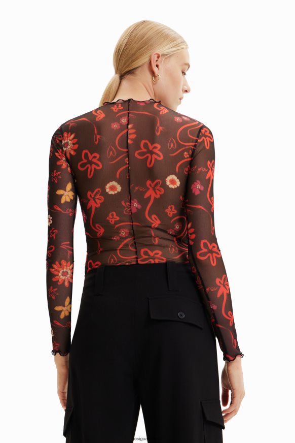 Desigual Women Tulle ruched floral bodysuit Clothing PFVZ0B495