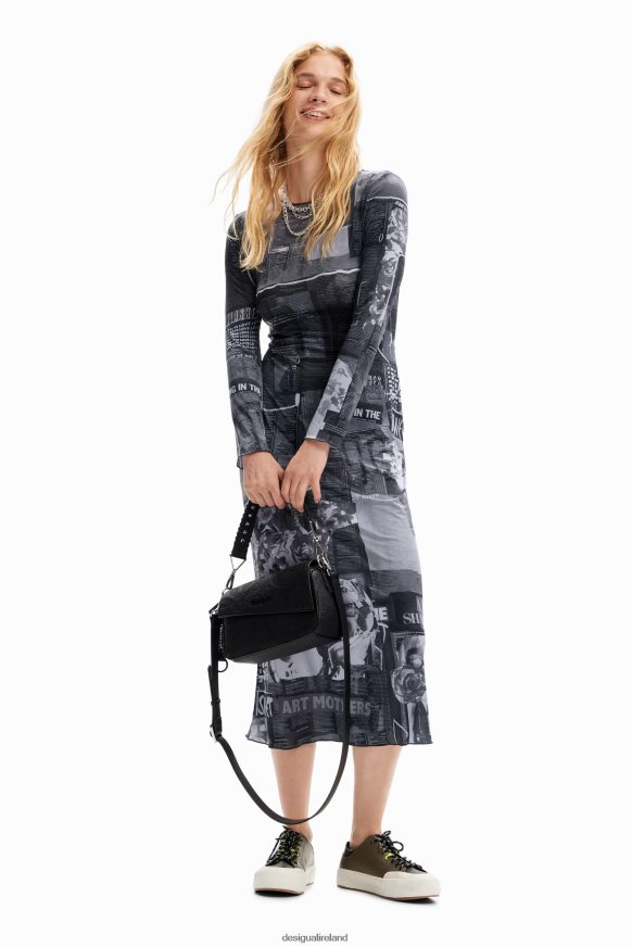 Desigual Women Slim newspaper midi dress Clothing PFVZ0B48