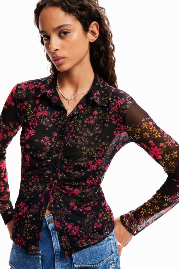 Desigual Women Gathered floral tulle shirt Clothing PFVZ0B997
