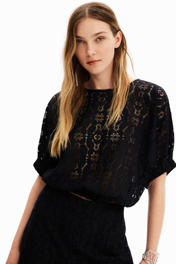 Desigual Women Short puff-sleeve lace blouse Clothing PFVZ0B359