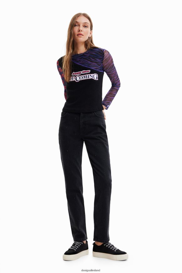 Desigual Women Patchwork tulle T-shirt with message Clothing PFVZ0B1075