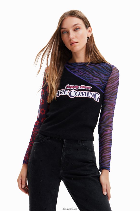 Desigual Women Patchwork tulle T-shirt with message Clothing PFVZ0B1075