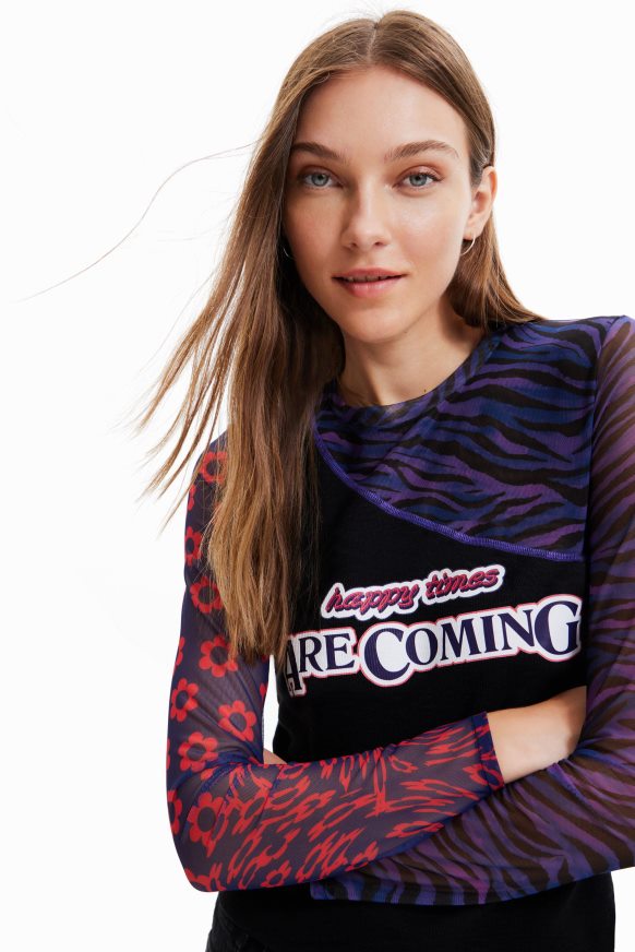 Desigual Women Patchwork tulle T-shirt with message Clothing PFVZ0B1075