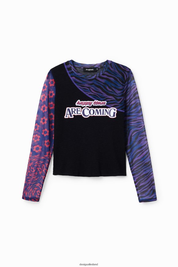 Desigual Women Patchwork tulle T-shirt with message Clothing PFVZ0B1075