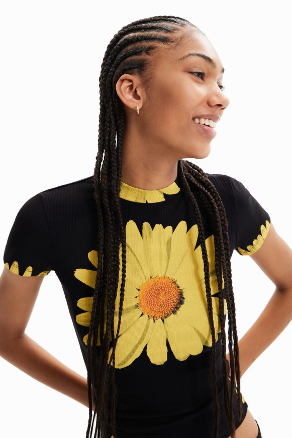Desigual Women Ribbed daisy T-shirt Clothing PFVZ0B89