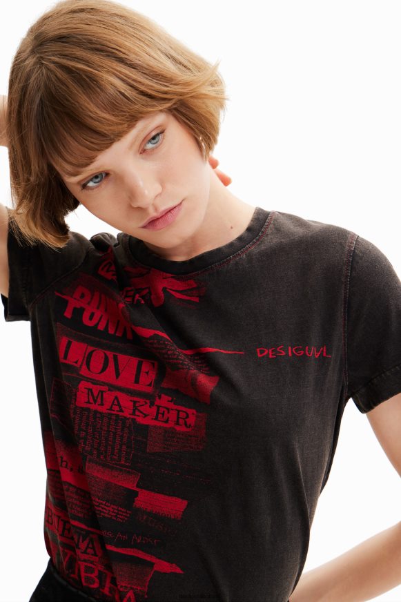 Desigual Women Washed-effect newspaper T-shirt Clothing PFVZ0B1004
