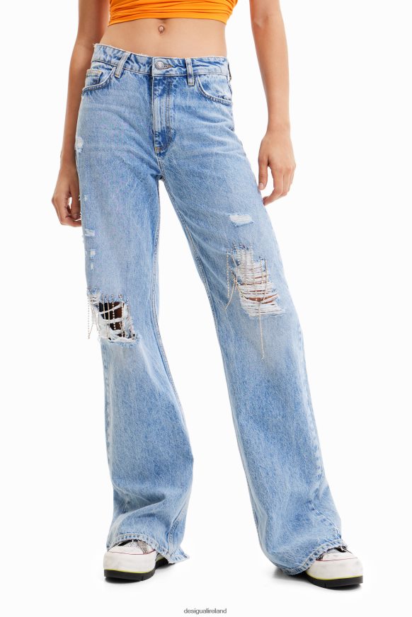 Desigual Women Wide-leg rhinestone jeans Clothing PFVZ0B302